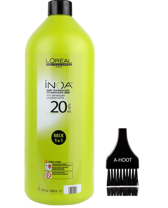 A-HOOT PROFESSIONAL Paris l'orea1 1i-NO-A 20 Volume / 6% Developer Activator Oxidant by Professional Hydrogen Peroxide for Hair Color (w/A-HOOT Brush) Creme Haircolor Dye (INOA - 20 Volume / 6%)