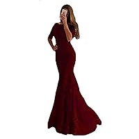 VeraQueen Women's Lace Half Sleeves Mermaid Evening Dresses Long Backless Party Prom Gowns