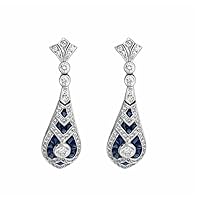 Art Deco Style Lab-Created Diamond & Sapphire Dangle/Drop Earrings In 925 Silver For Women & Girl By Elegantbalaji