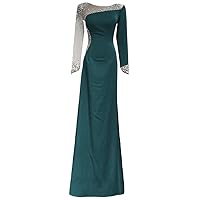 Women's Long Sleeve Beaded Mermaid Prom Dress O Neck Satin Formal Evening Gowns