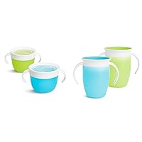 Munchkin® Snack™ Catcher Toddler Snack Cups, 2 Pack, Blue/Green & Miracle® 360 Trainer Sippy Cup with Handles, Spill Proof, 7 Ounce, 2 Pack, Green/Blue