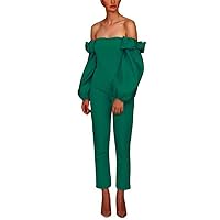 Women's Off Shoulder Jumpsuits Evening Dresses with Detachable Skirt Long Sleeves Satin Prom Gowns Pants Emerald