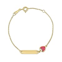 14k Yellow Gold Polished Name Plate and Enamel Strawberry Bracelet With Spring ring Clasp Jump ring Jewelry for Women