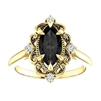 Vintage Black 3 CT Marquise Engagement Ring 10K Yellow Gold, Victorian Marquise Black Diamond Ring, Filigree Marquise Black Onyx Ring, Bridal Ring, Wedding Rings
