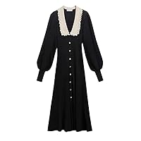 Autumn French Black Knitted Midi Dress Women Lapel Lantern Sleeve Single Breasted Stretch Party Dress