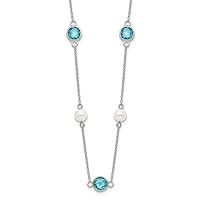 7mm Cheryl M 925 Sterling Silver Rhodium Plated Blue Double Pineapple cut CZ White Freshwater Cultured Pearl 9 Station Necklace 2 Inch Extender 18 Inch Jewelry for Women