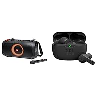JBL PartyBox On-The-Go Powerful Portable Bluetooth Party Speaker with Dynamic Light Show, Black & Vibe Beam True Wireless Headphones - Black, Small