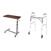Invacare 6418 Hospital Style Overbed Table with Adjustable Height Tilt Top and Wheels & Drive Medical 10210-1 2-Button Folding Walker with Wheels, Rolling Walker, Front Wheel Walker, Lightweight