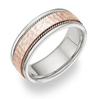 White Gold and Rose Gold Hammered Wedding Band Ring - 14K