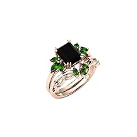 Antique Black Onyx 1.00 CT Engagement Ring Set Emerald Cut Black Onyx Vintage Wedding Ring Set Chrome Diopside Gemstone Ring Sets Gifts For Her
