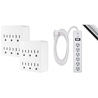 GE Pro 6-Outlet Extender Surge Protector, 2 Pack, Wall Tap Adapter, 3-Prong, 1020 Joules, UL Listed, White, 50051 & GE 6-Outlet Surge Protector, Twist-to-Close Safety Covers, UL Listed, White, 14092