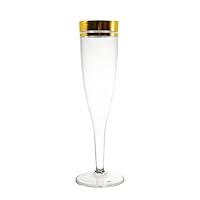 Party Essentials Glass like One Piece Disposable 5 Oz. Plastic Champagne Flutes/Party Wine Mimosa Cups, 25-Count, Gold Rim