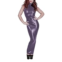 Women High Neck Elegant Solid Color Dress Summer Skinny Stretch Tank Long Dress Shiny Metallic Night Party Dress Clubwear