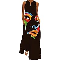 Human Face Printed Black Dress 2022 Elegant Casual Vintage Dresses Woman Summer Beach Sleeveless Long Dress Women