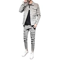 Mens Plus Size Casual Cargo Denim Sets Punk Hole Ripped Long Sleeve Single Breasted Jackets Ankle Length Slim Jeans