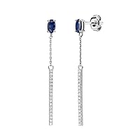 Diamond & Sapphire Dangle Earrings In Solid 14k White Gold, Huge Oval Gemstone, Natural Pave, 0.7 Carat, 1.5 inches