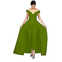 VeraQueen Women's Off Shoulder Jumpsuits Evening Dresses with Detachable Skirt Sleevesless Satin Prom Gowns Pants