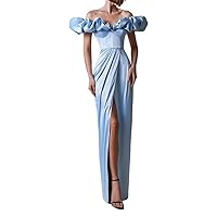 Women 2024 Summer Satin Tube Dress Sexy Off Shoulder Puff Sleeve Bodycon Backless High Slit Party Cocktail Dresses