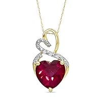 Lab-Created Red Ruby Gemstone July Birthstone Heart and Diamond Accent Pendant Necklace Charm in 10k Yellow Gold