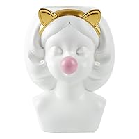 Blowing Bubbles Cat Ears Girl Vase Flower Pot Resin White Living Room Table Art Statue Decor (15x18x22.5cm), Resin Vase