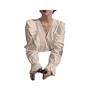 Women Blouses Shirts Spring Female Tops -Neck Ruffles Solid Elegant French Cozy Chic Daily Date Office