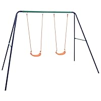vidaXL Outdoor Swing Set with 2 Plastic Seats, Children's Durable Steel Playground Equipment for Aged 3-10 Years - Weather-Resistant, Easy Assembly, Blue, Green and Orange