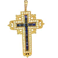 Animas Jewels Men's 2 CT Princess Cut Blue Sapphire and Diamond Antique Holy Cross Charm Art Deco Pendant 14K Yellow Gold Over Sterling Silver