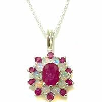 Ladies Solid 925 Sterling Silver Ornate Large Natural Ruby & Opal Large Cluster Pendant Necklace