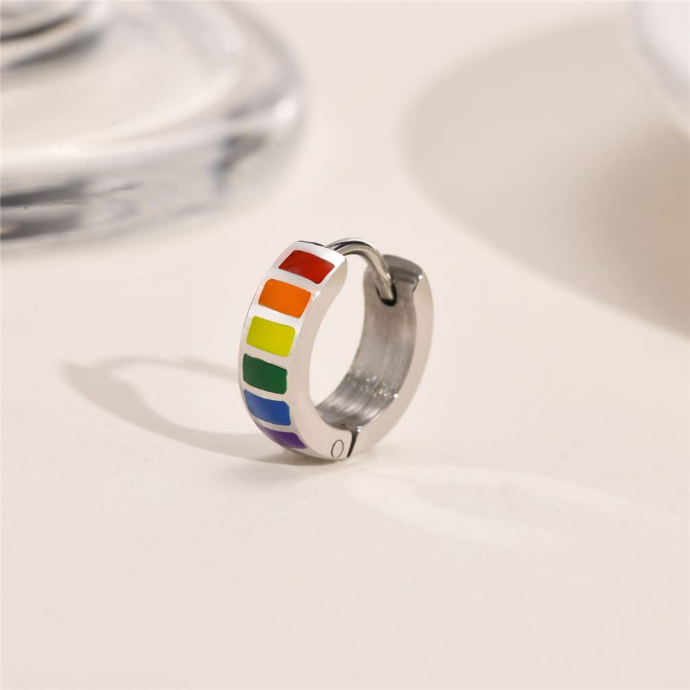 Oakky Unisex Stainless Steel Unique Rainbow Flag Lesbian LGBT Gay Pride Small Huggie Hoop Earrings