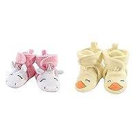 Hudson Baby Girl Cozy Fleece Booties 2-Pack, Pink Rainbow Unicorn Yellow Duck, 18-24 Months