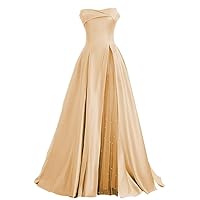 Women's Satin Bridesmaid Dresses Strapless Beaded Long Formal Evening Gowns Elegant Off Shoulder Prom Dress LVY006