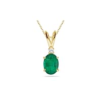 May Birthstone - Natural Oval Cut Diamond Accented Emerald Solitaire Pendant in 14K Yellow Gold from 5x3MM - 8x6MM