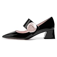 XYD Women Fashion Pointed Toe Mid Heel Mary Jane Pumps Slip on Block Flower Dressy Shoes