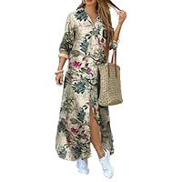 Women's Long Sleeve Buttons Down Shirt Maxi Dress Solid/Printed Side Slit Lapel A-Line Autumn Flowy Long Dress
