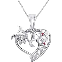 14K White Gold Plated in .925 Sterling Silver Hawaiian Plumeria Flower Sea Turtle Honu Heart Pendant 18''Chain Necklace CZ Pink Ruby