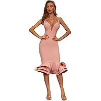 Women's Mermaid Satin Prom Dresses Midi Ruffle Hem Evening Party Dress V Neck