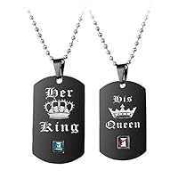 Uloveido Black Stainless Steel King Queen Necklaces Set, Dog Tag Amy Pendant Necklace for Couples