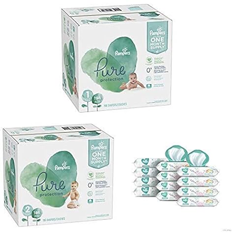 Pampers Bundle - Pure Disposable Baby Diapers Sizes 1, 198 Count & 2, 186 Count with Pampers Sensitive Water-Based Baby Wipes, 12 Pop-Top and Refill Combo Packs, 864 Count