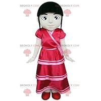 REDBROKOLY Mascot brunette girl dressed in a red dress