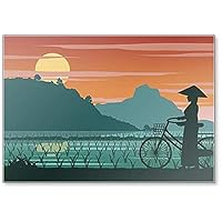 Vietnamese Woman Hold Bicycle Walk Pass Rice Field on Sunset Illustration Fridge Magnet
