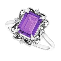 1 CT Emerald Shape Amethyst Victorian Engagement Ring 14k White Gold, Vintage Purple Amethyst Ring, Antique Ring, February Birthstone Ring, Perfact for Gift