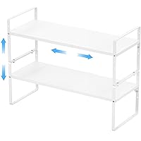 Expandable Kitchen Cabinet Shelf Organizers 2 Pack, Stackable Metal Pantry Storage Shelves Rack, Adjustable Counter Shelf for Cabinets, Countertop, Cupboard Organizers and Storage, White