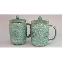 Tabletop 2 Celadon Jade Blue Glaze Chrysanthemum Arabesque Flower Design Personal Green Ceramic Pottery Porcelain Tea Coffee Cup Mug Teacup Lid Gift Set