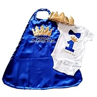 3 piece Royal Blue Gold 1st Birthday baby boy birthday set outfit Smash cake photo prop prince king crown onesie cape Crown Hat 6 months to 24 months