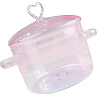 Glass Saucepan with Cover Clear Cooking Pot Stovetop Stew Pot with Lid Handmade Glass Casserole Double-Handle Cookware for Pasta Noodle Soup Milk Pink