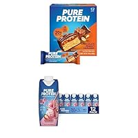 Protein on the Go Bundle: Pure Protein Bars, Chocolate Peanut Caramel, 1.76oz, 12 Count + Pure Protein Strawberry Milkshake Protein Shake, 11oz Bottles, 12 Pack