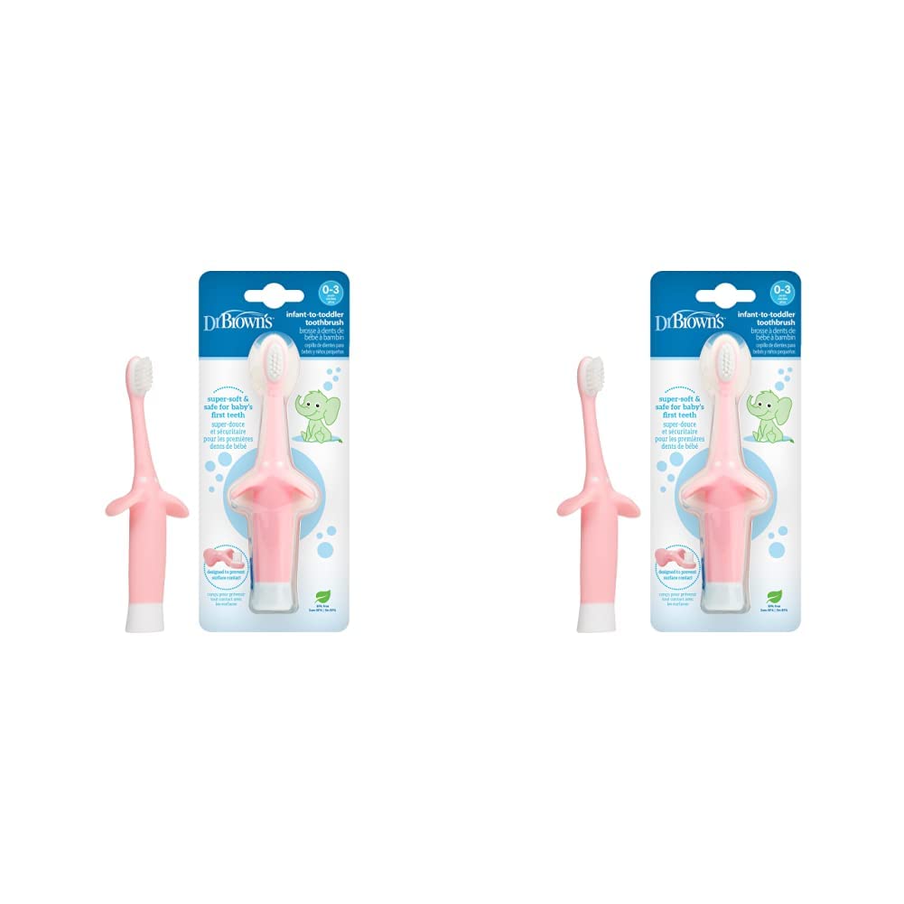 Dr. Brown's Infant-to-Toddler Training Toothbrush, Soft for Baby's First Teeth, Pink Elephant, BPA Free, 0-3 Years (Pack of 2)