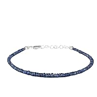 Natural Blue Sapphire 3mm Rondelle Shape Faceted Cut Gemstone Beads 7 Inch Adjustable Silver Plated Clasp Bracelet For Men, Women. Natural Gemstone Link Bracelet. | Lcbr_01679