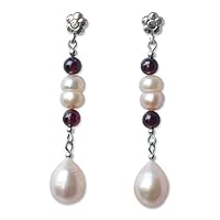 NOVICA Handmade Cultured Freshwater Pearl Garnet Dangle Earrings .925 Sterling Silver Red White Beaded Thailand Floral Birthstone [2 in L x 0.4 in W] 'Romantic Thai'
