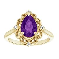 Vintage 1.5 CT Pear Shape Amethyst Ring 10k Yellow Gold, Scroll Tear Drop Purple Amethyst Engagement Ring, Victorian Amethyst Diamond Ring Promise Ring